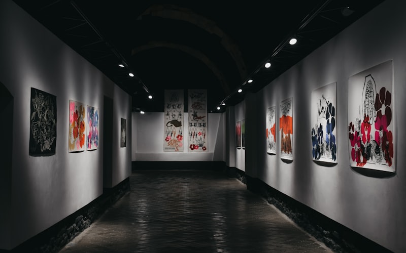 Framed works hung in a gallery corridor